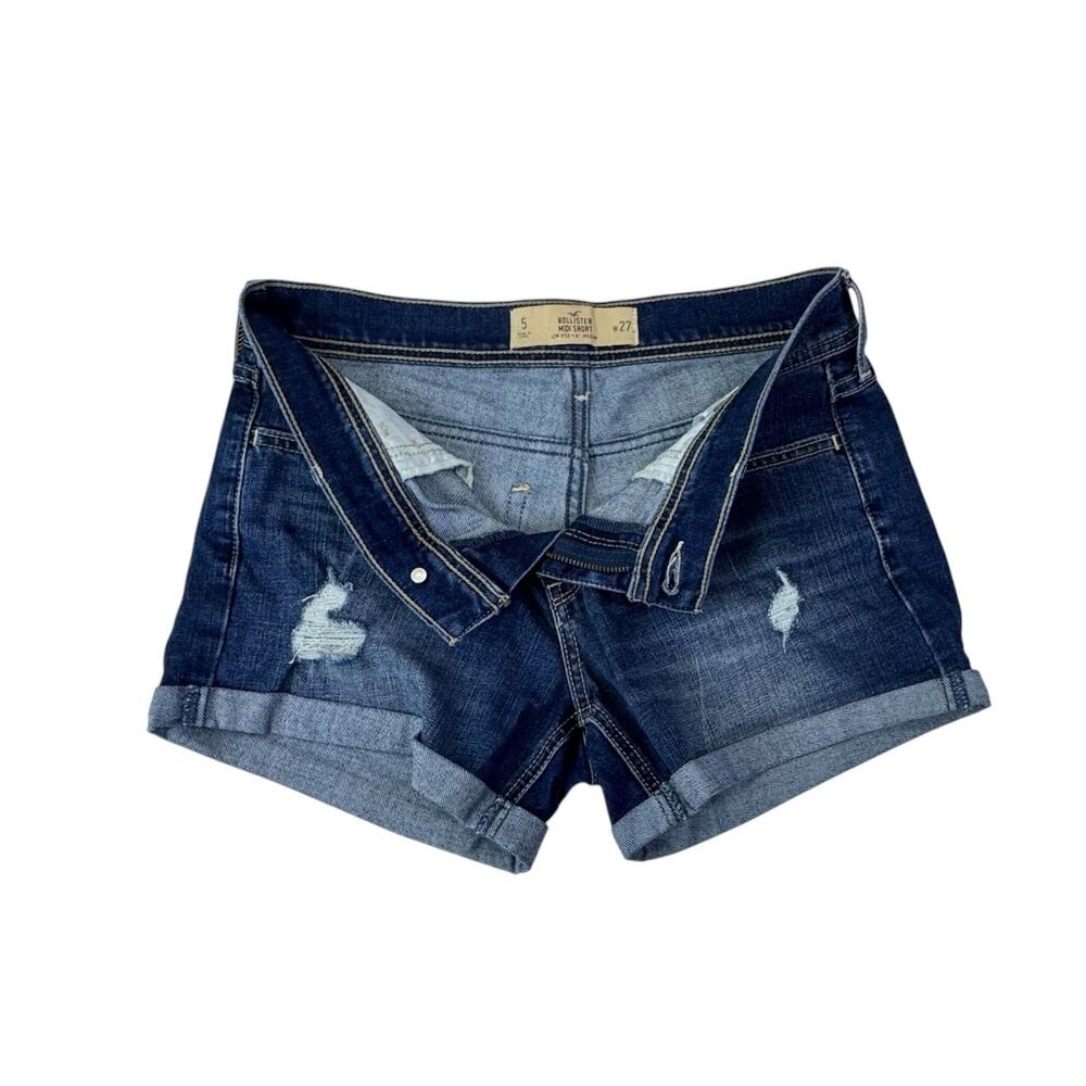 Hollister Low Rise Midi Medium Wash Distressed Denim Shorts W27 Size 5